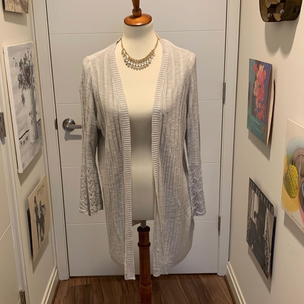 Grey Bell Sleeve Pointelle Cardigan NWT - Picture 2 of 8